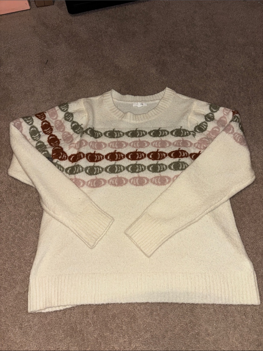Maurices Cream Crewneck Sweater with Pink, Olive & Rust Pattern